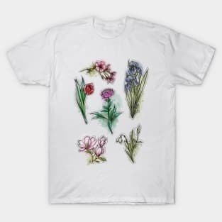 Spring Flowers set, Art Nouveau flower pattern, nature, Tulip, Iris, Cherry blossom, Primrose, Pastel, Watercolor style T-Shirt